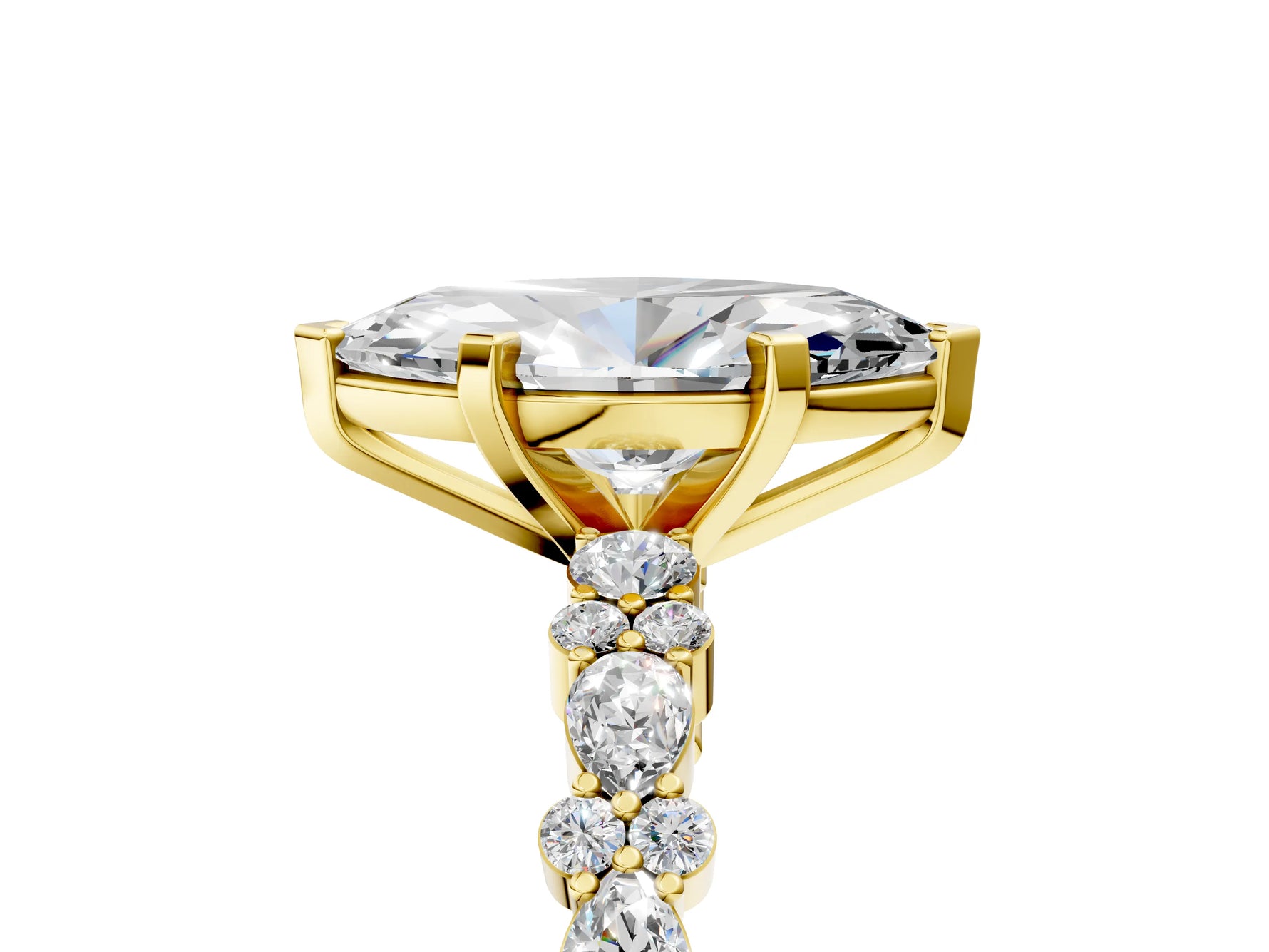 Marquise Cut Diamond Solitaire Ring in Yellow gold with Pear and Round Cluster Band_17