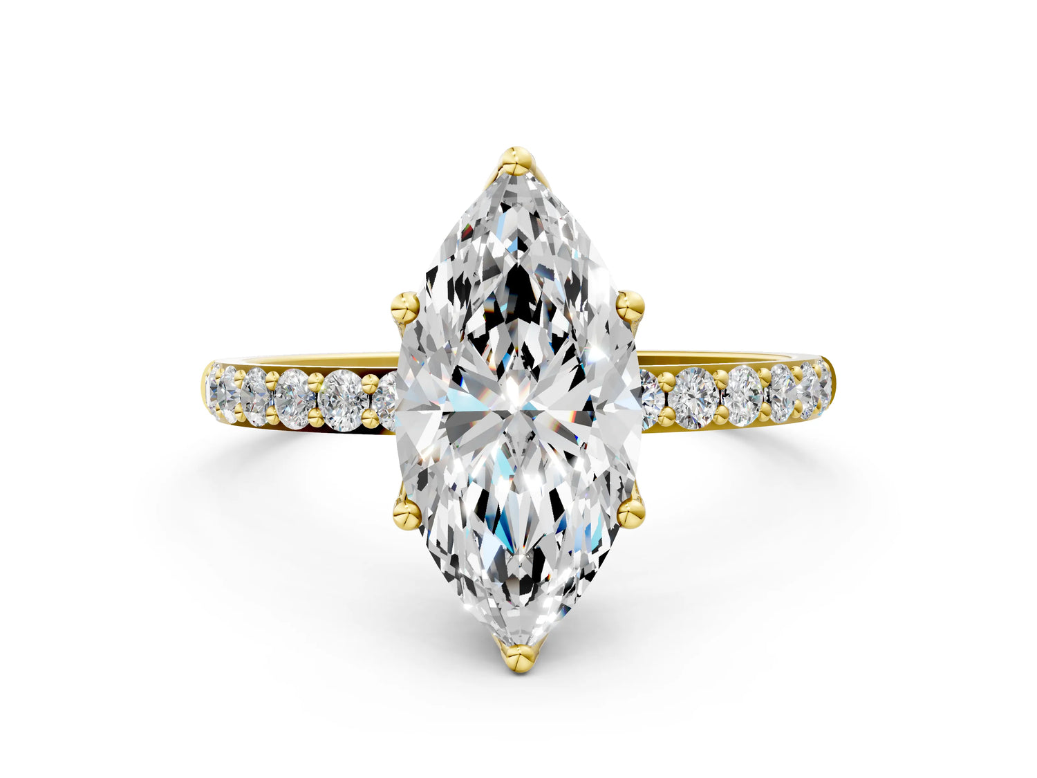 Marquise Cut Diamond Solitaire Ring in Yellow gold with Round Shared Prong Pavé Band_18