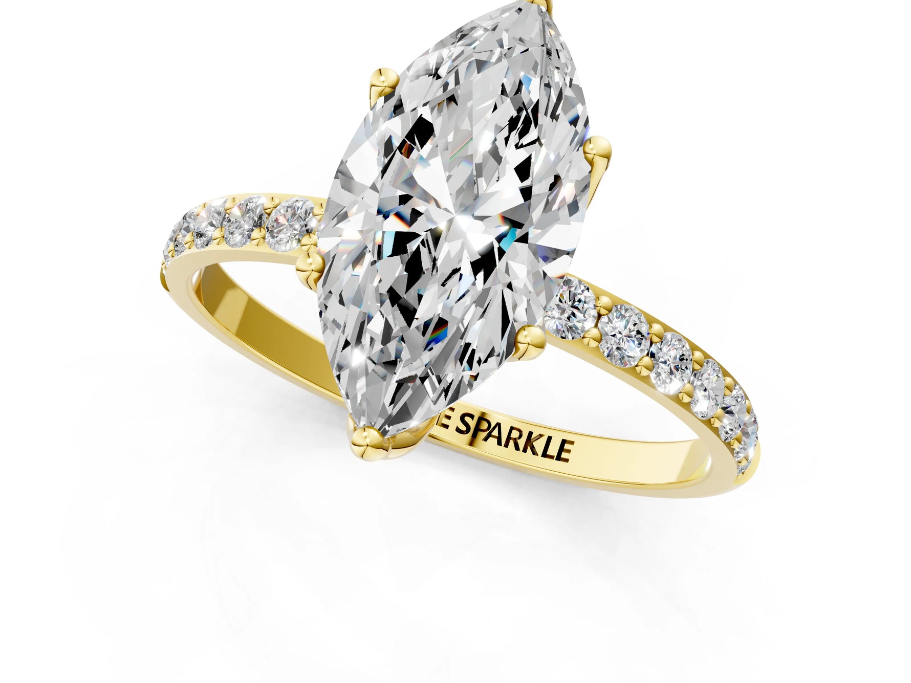 Marquise Cut Diamond Solitaire Ring in Yellow gold with Round Shared Prong Pavé Band_19