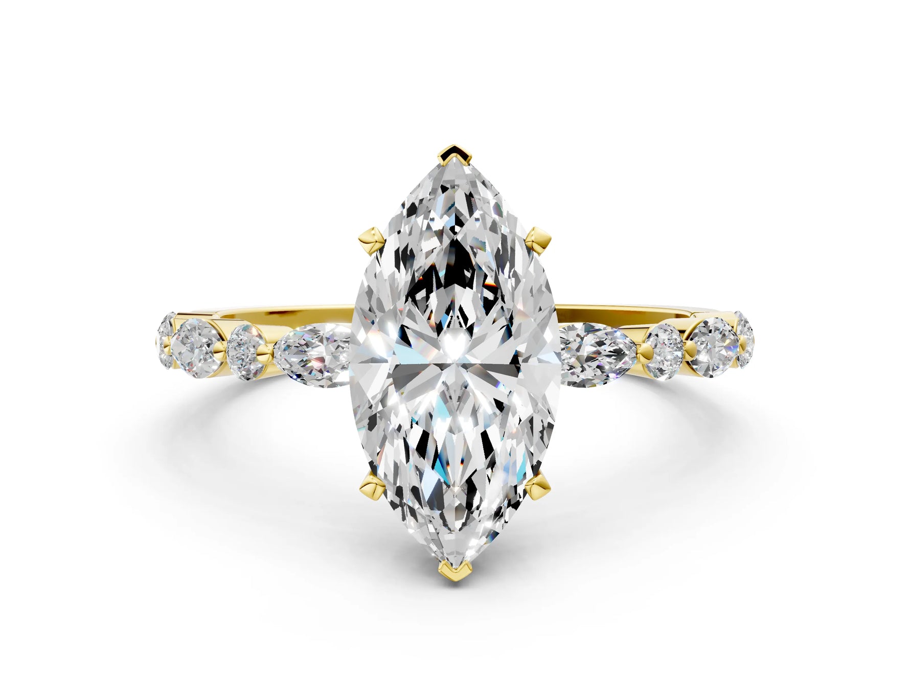 Marquise Cut Diamond Solitaire Ring in Yellow gold with Shared Prong Marquise and Round Side Stones_12