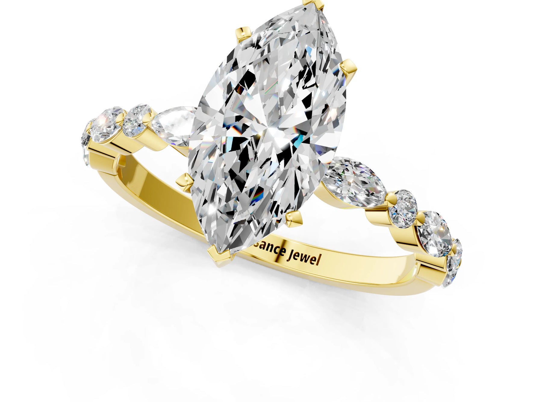 Marquise Cut Diamond Solitaire Ring in Yellow gold with Shared Prong Marquise and Round Side Stones_13