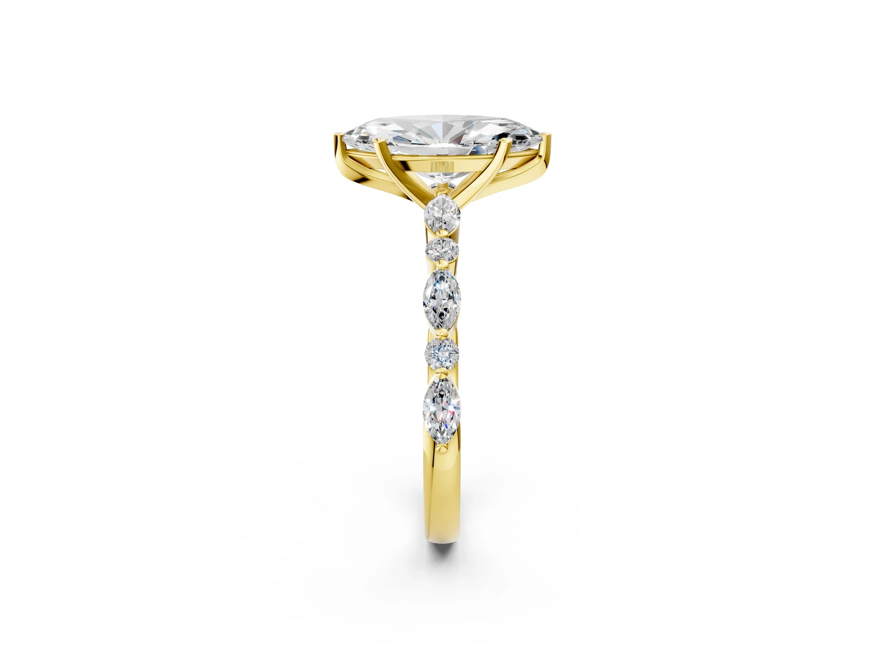 Marquise Cut Diamond Solitaire Ring in Yellow gold with Shared Prong Marquise and Round Side Stones_14