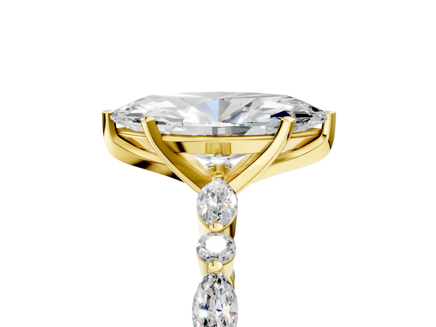 Marquise Cut Diamond Solitaire Ring in Yellow gold with Shared Prong Marquise and Round Side Stones_17