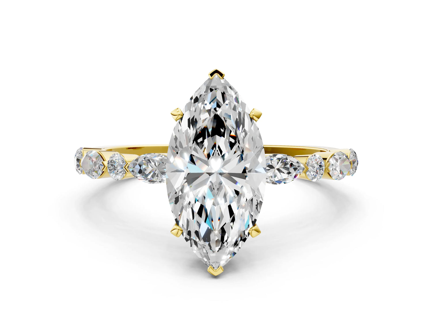 Marquise Cut Diamond Solitaire Ring in Yellow gold with Shared Prong Marquise and Round Side Stones_36