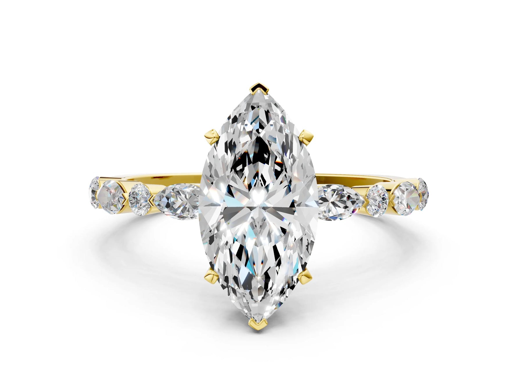 Marquise Cut Diamond Solitaire Ring in Yellow gold with Shared Prong Marquise and Round Side Stones_36