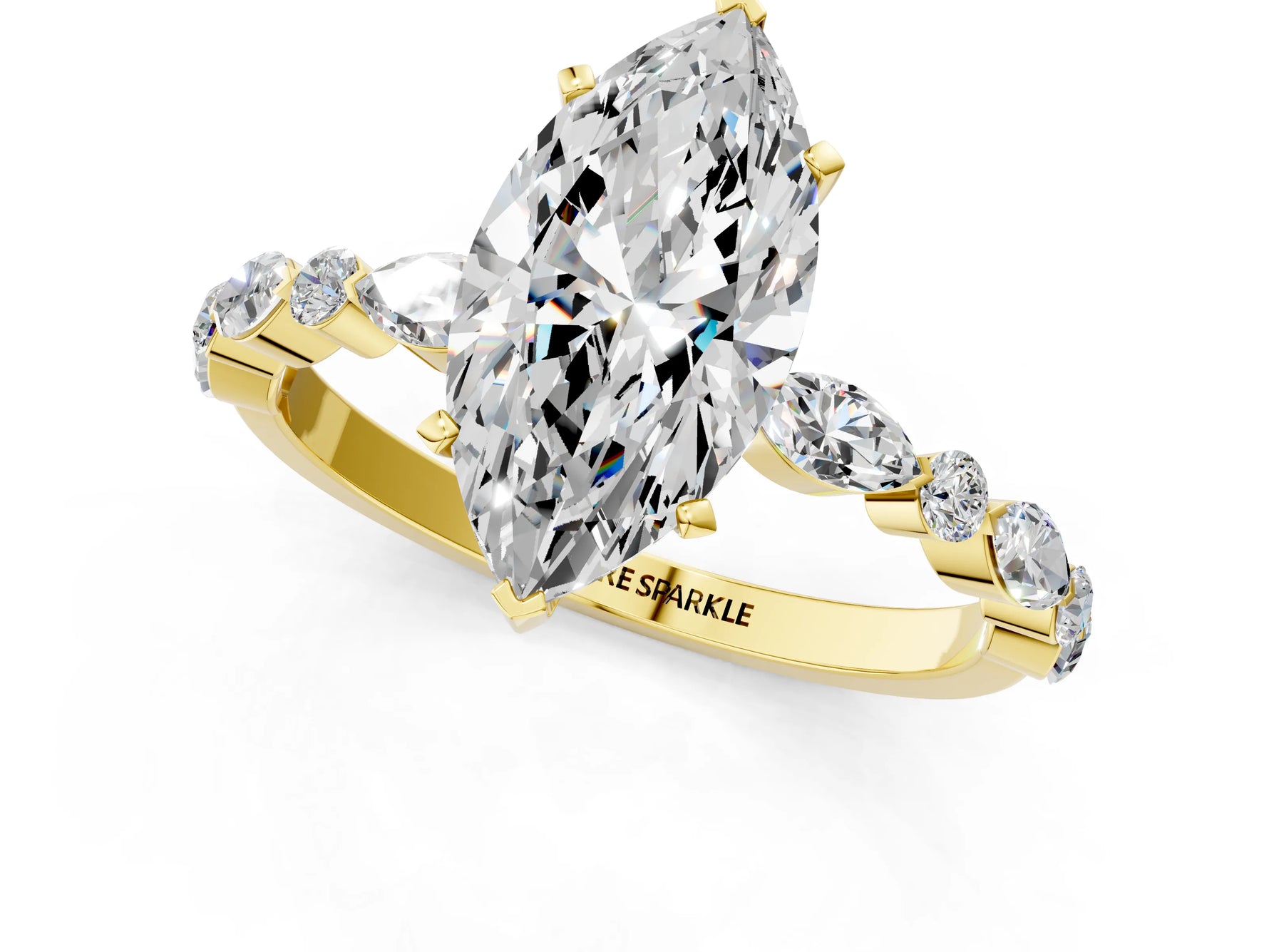 Marquise Cut Diamond Solitaire Ring in Yellow gold with Shared Prong Marquise and Round Side Stones_37
