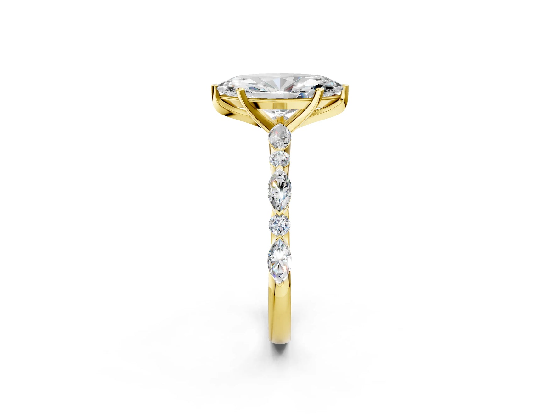 Marquise Cut Diamond Solitaire Ring in Yellow gold with Shared Prong Marquise and Round Side Stones_38