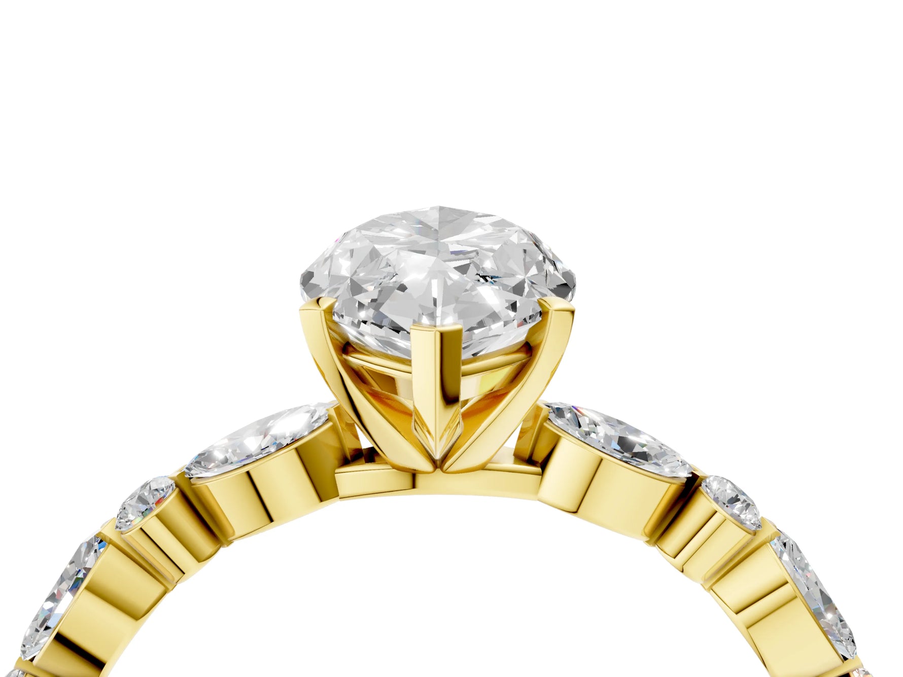 Marquise Cut Diamond Solitaire Ring in Yellow gold with Shared Prong Marquise and Round Side Stones_40