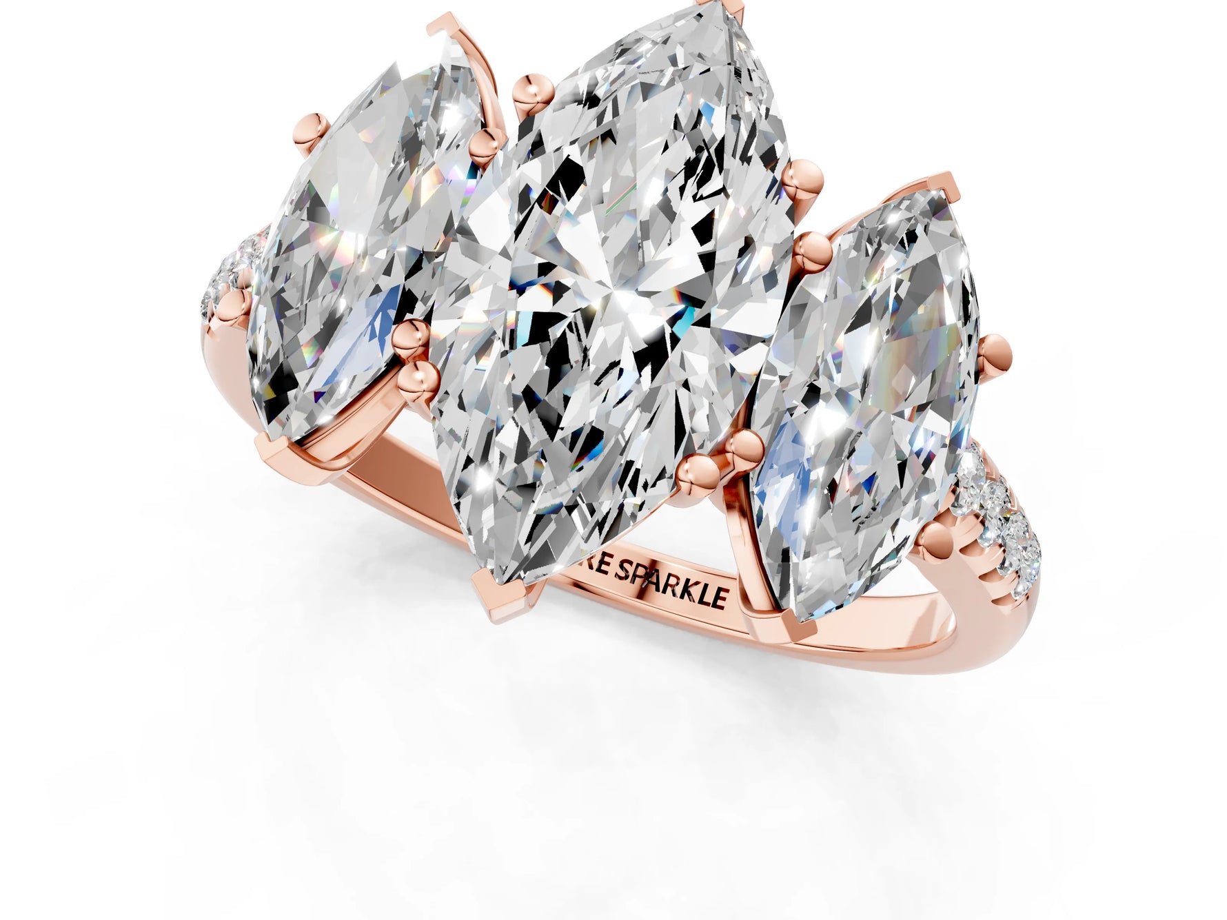 Marquise Cut Diamond Trellis Three-Stone Engagement Ring in Rose gold with Round Side Stones_19
