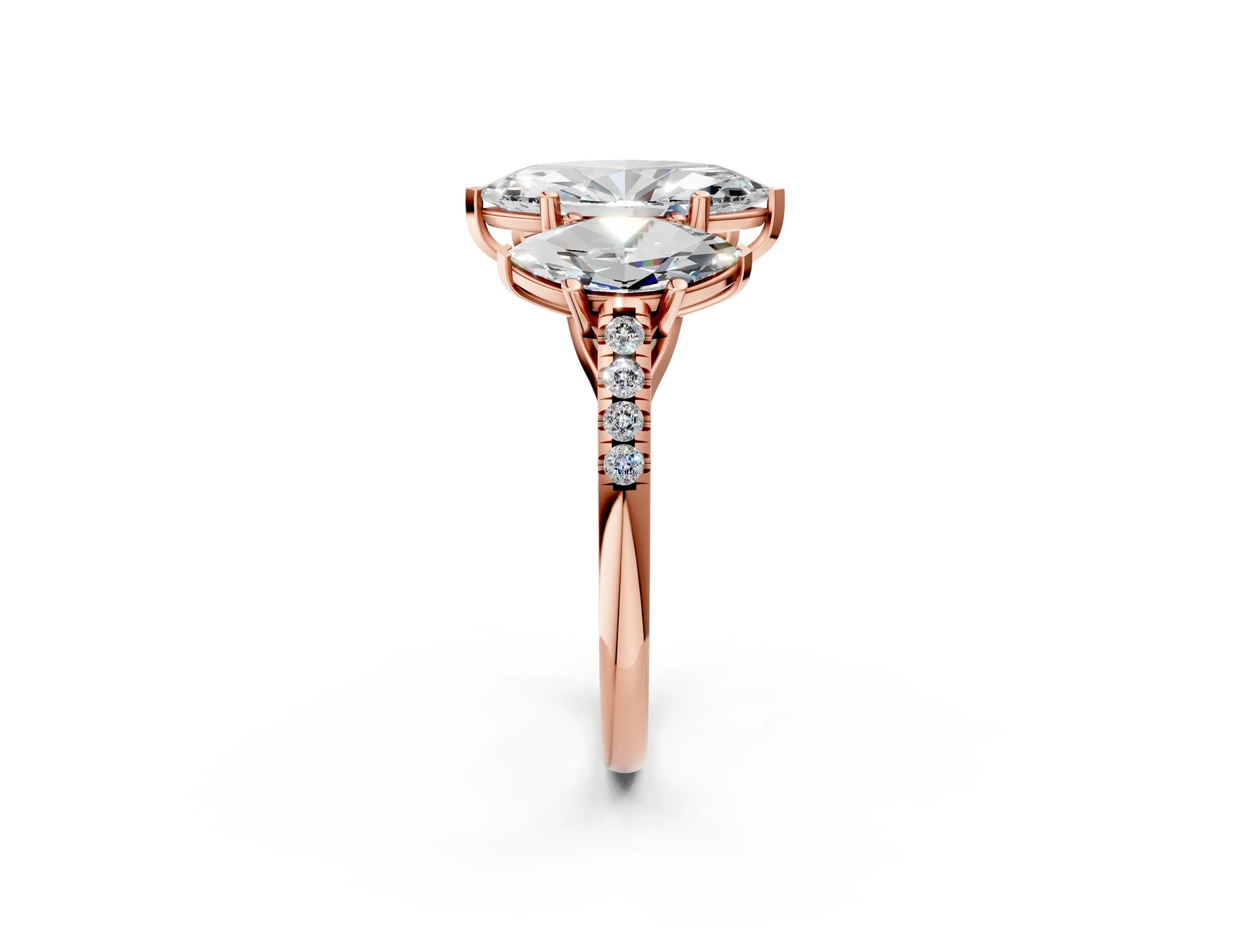 Marquise Cut Diamond Trellis Three-Stone Engagement Ring in Rose gold with Round Side Stones_20