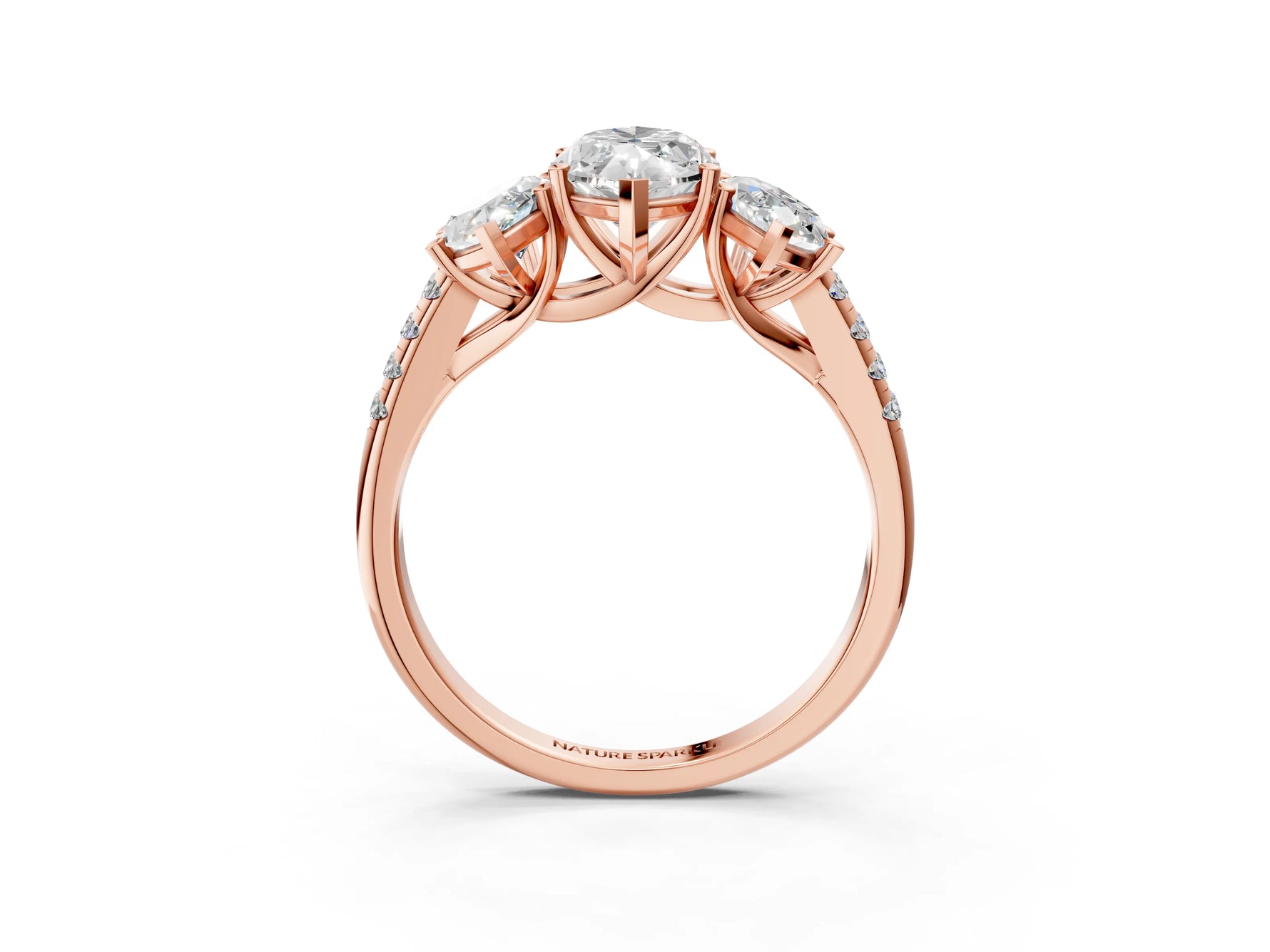 Marquise Cut Diamond Trellis Three-Stone Engagement Ring in Rose gold with Round Side Stones_21