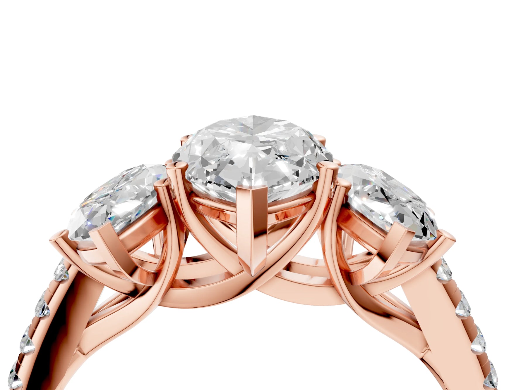 Marquise Cut Diamond Trellis Three-Stone Engagement Ring in Rose gold with Round Side Stones_22