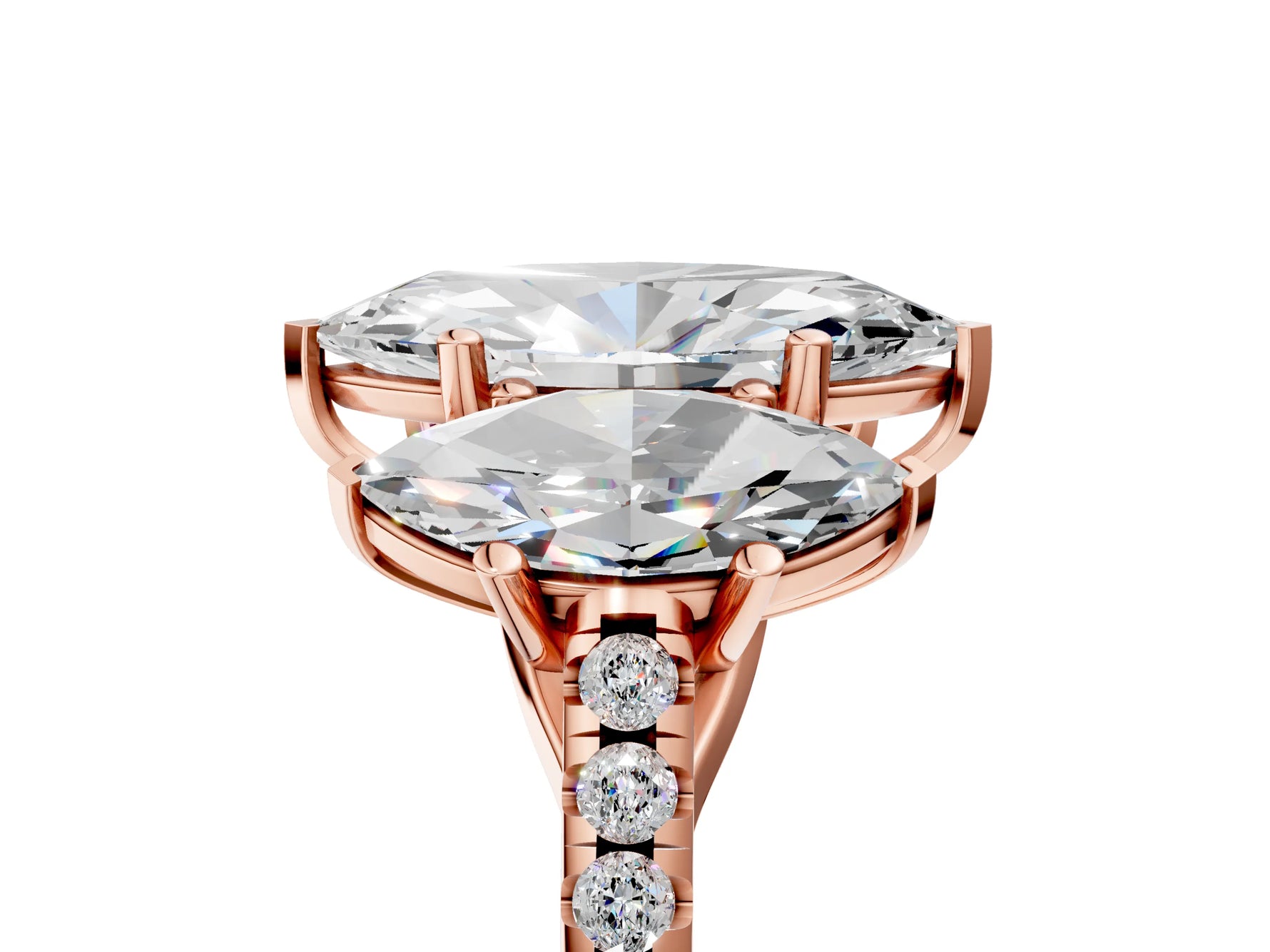 Marquise Cut Diamond Trellis Three-Stone Engagement Ring in Rose gold with Round Side Stones_23