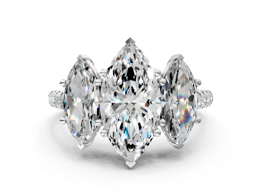 Marquise Cut Diamond Trellis Three-Stone Engagement Ring in Silver with Round Side Stones
