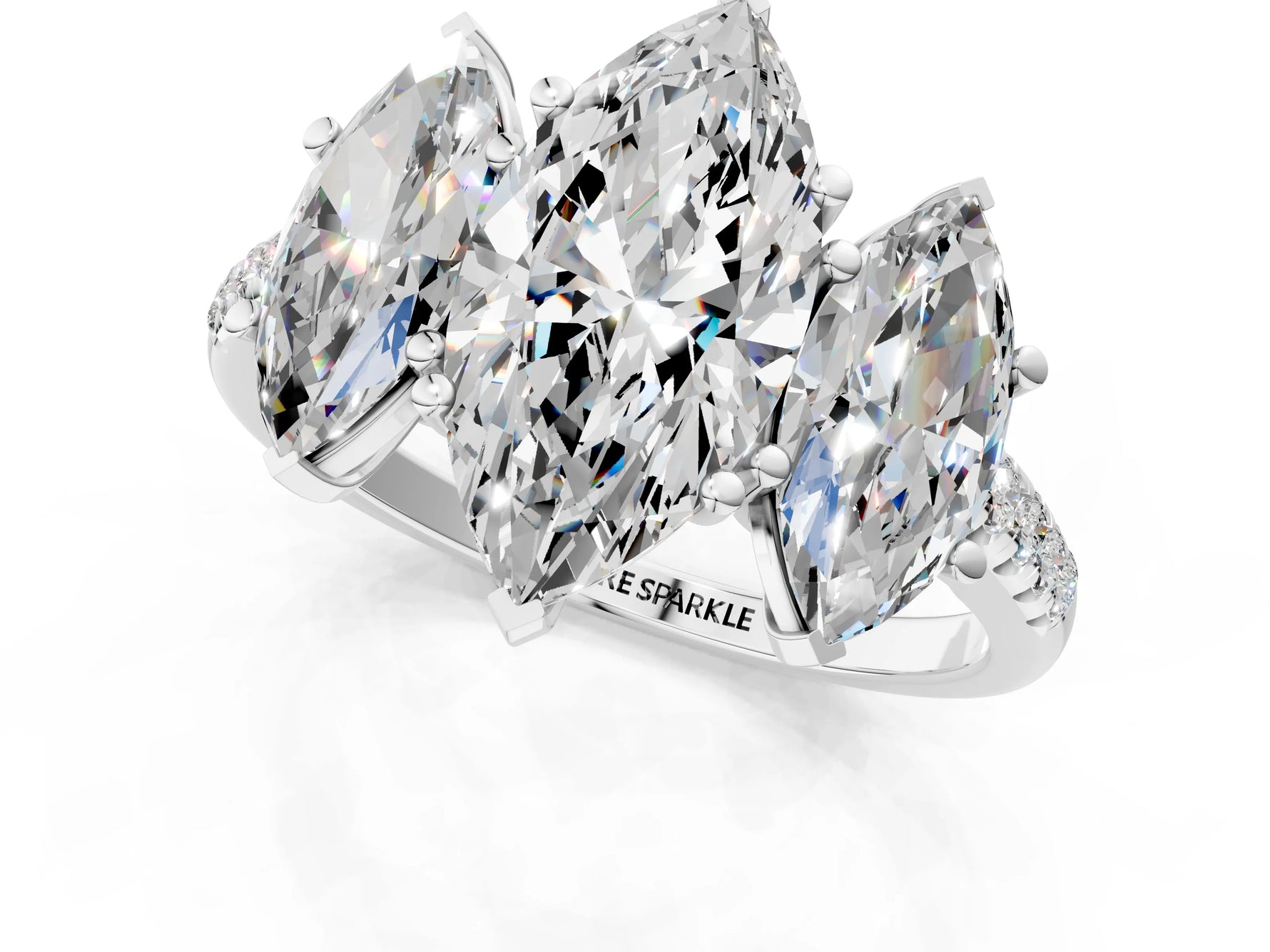 Marquise Cut Diamond Trellis Three-Stone Engagement Ring in White gold with Round Side Stones_19