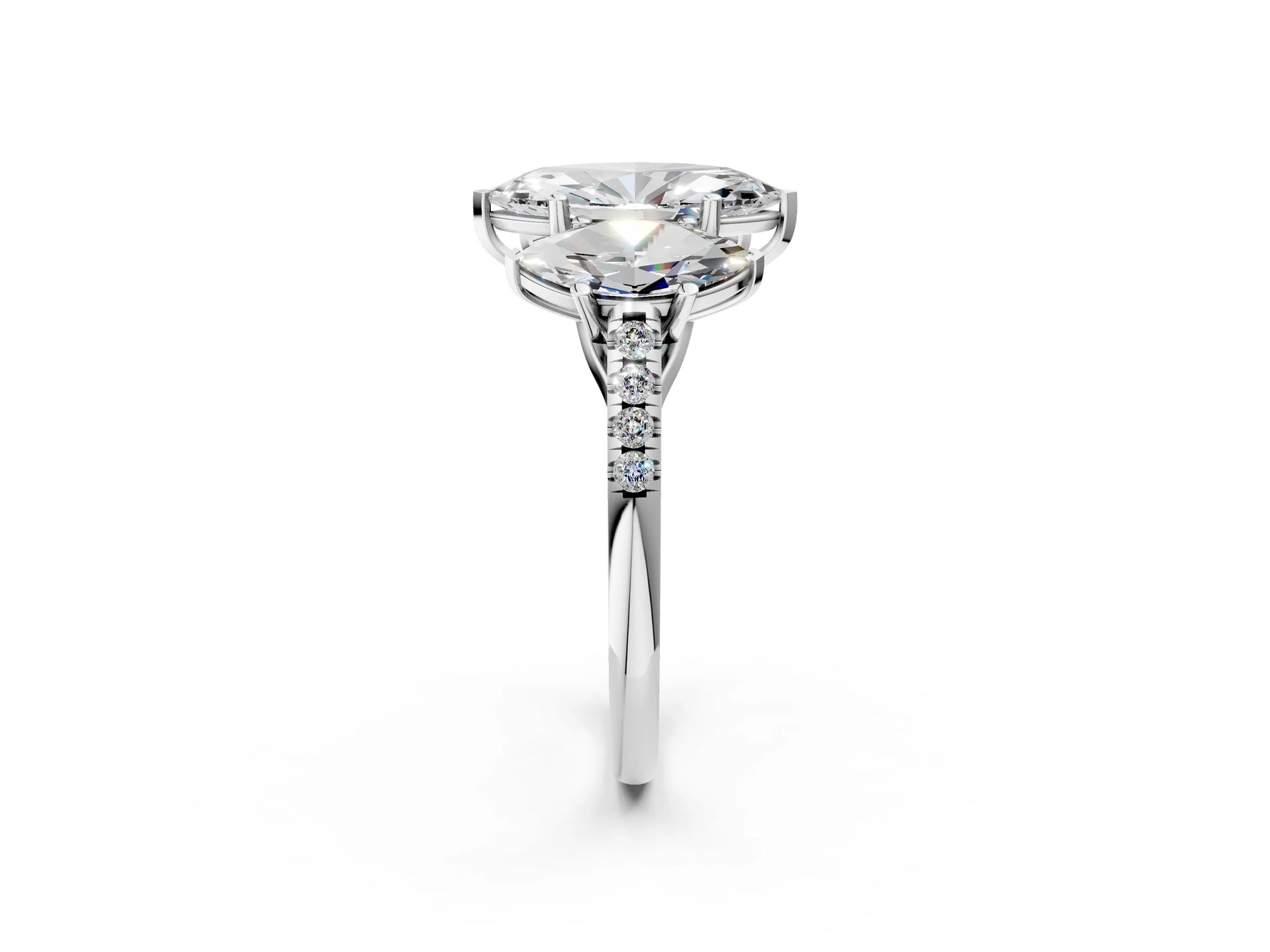 Marquise Cut Diamond Trellis Three-Stone Engagement Ring in White gold with Round Side Stones_20