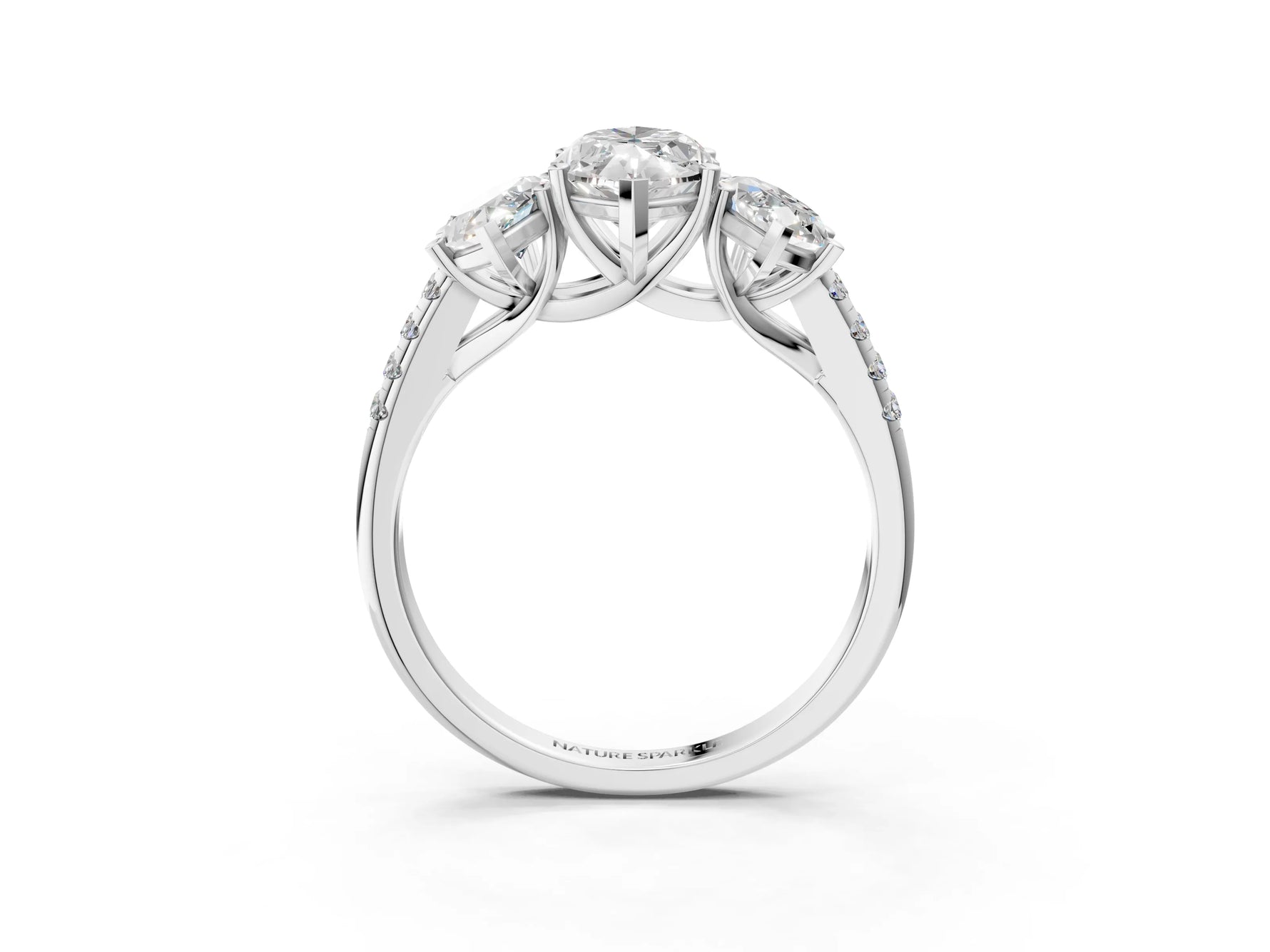 Marquise Cut Diamond Trellis Three-Stone Engagement Ring in White gold with Round Side Stones_21