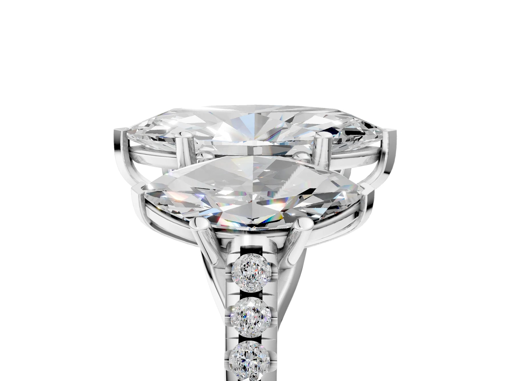 Marquise Cut Diamond Trellis Three-Stone Engagement Ring in White gold with Round Side Stones_23