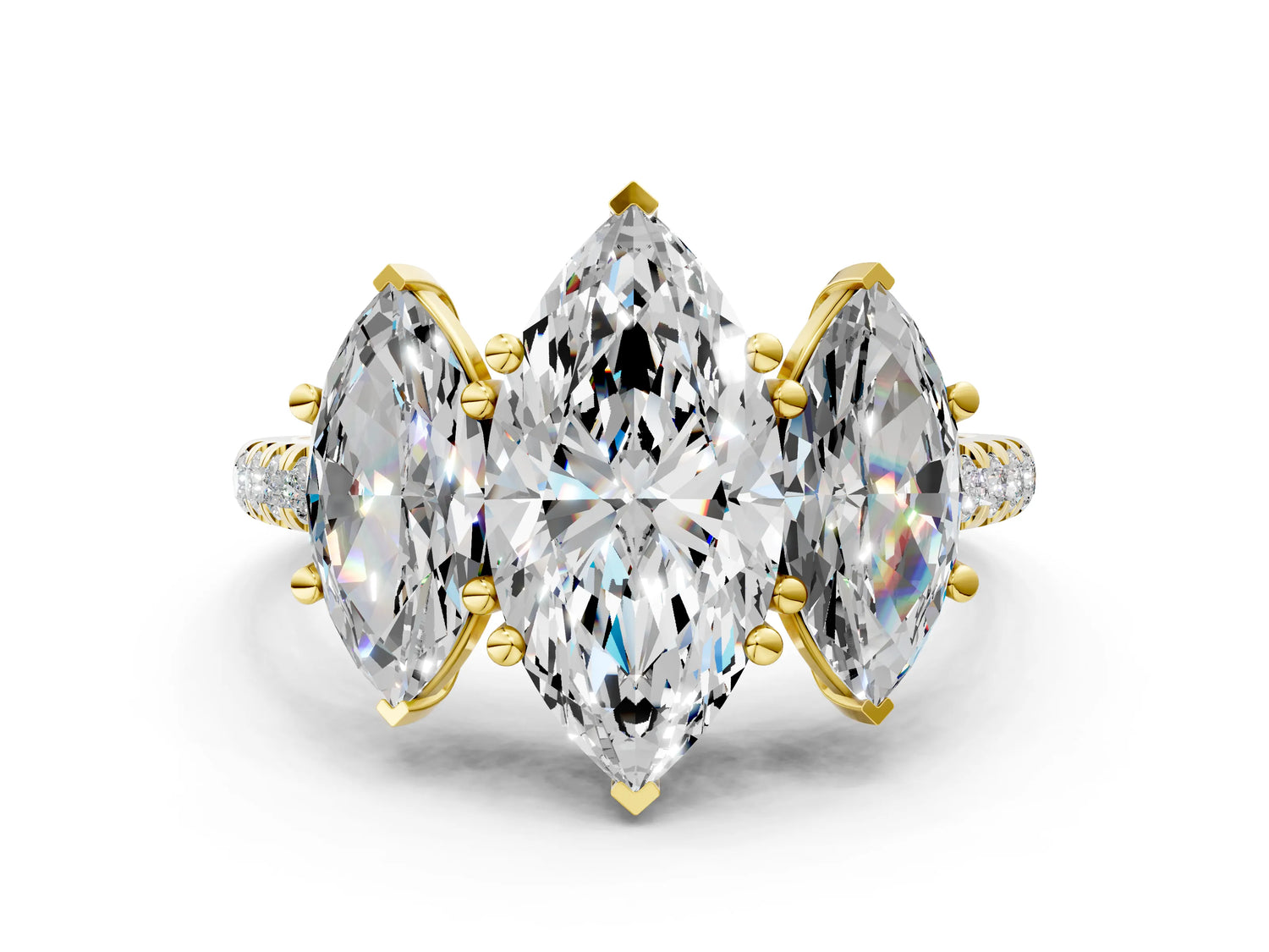 Marquise Cut Diamond Trellis Three-Stone Engagement Ring in Yellow gold with Round Side Stones_18