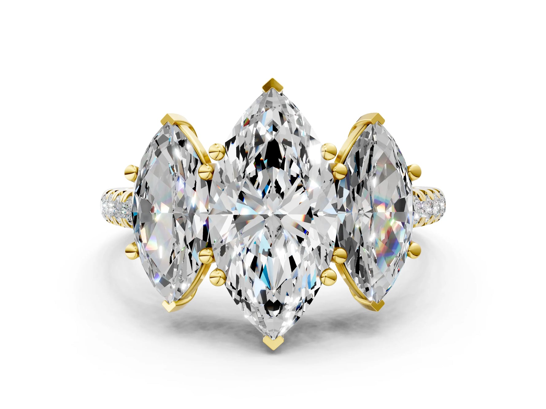 Marquise Cut Diamond Trellis Three-Stone Engagement Ring in Yellow gold with Round Side Stones_18