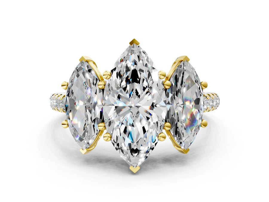 Marquise Cut Diamond Trellis Three-Stone Engagement Ring in Yellow gold with Round Side Stones