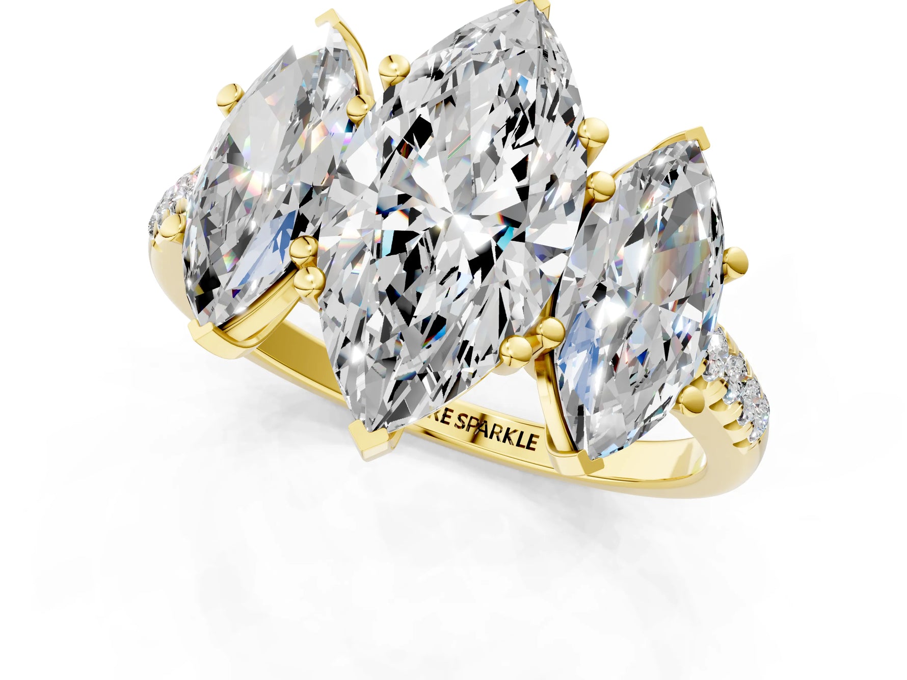 Marquise Cut Diamond Trellis Three-Stone Engagement Ring in Yellow gold with Round Side Stones_19