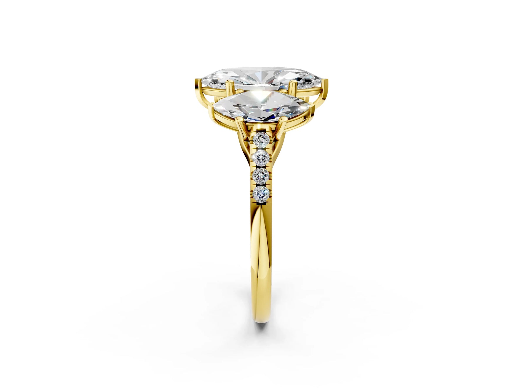 Marquise Cut Diamond Trellis Three-Stone Engagement Ring in Yellow gold with Round Side Stones_20