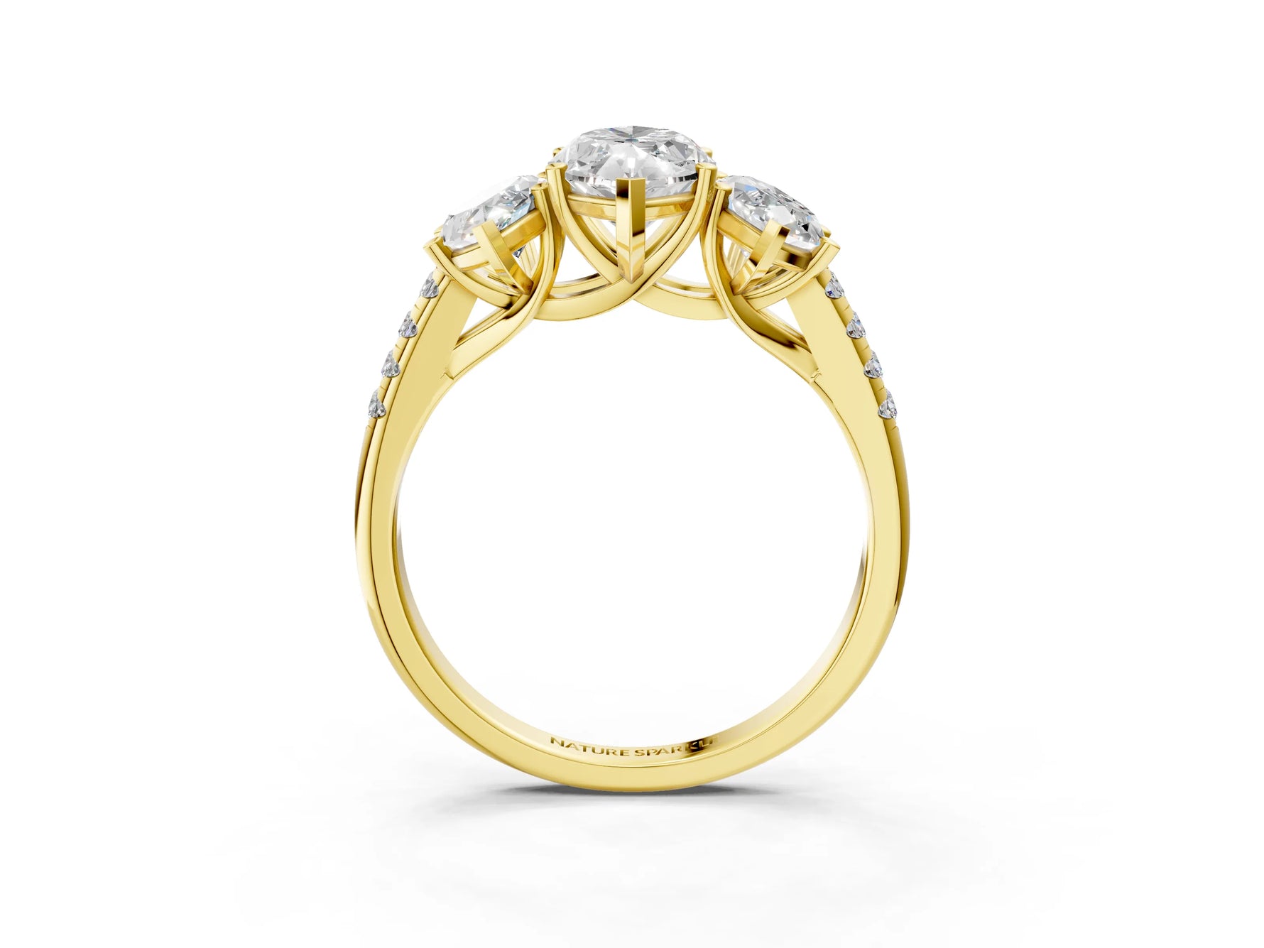 Marquise Cut Diamond Trellis Three-Stone Engagement Ring in Yellow gold with Round Side Stones_21