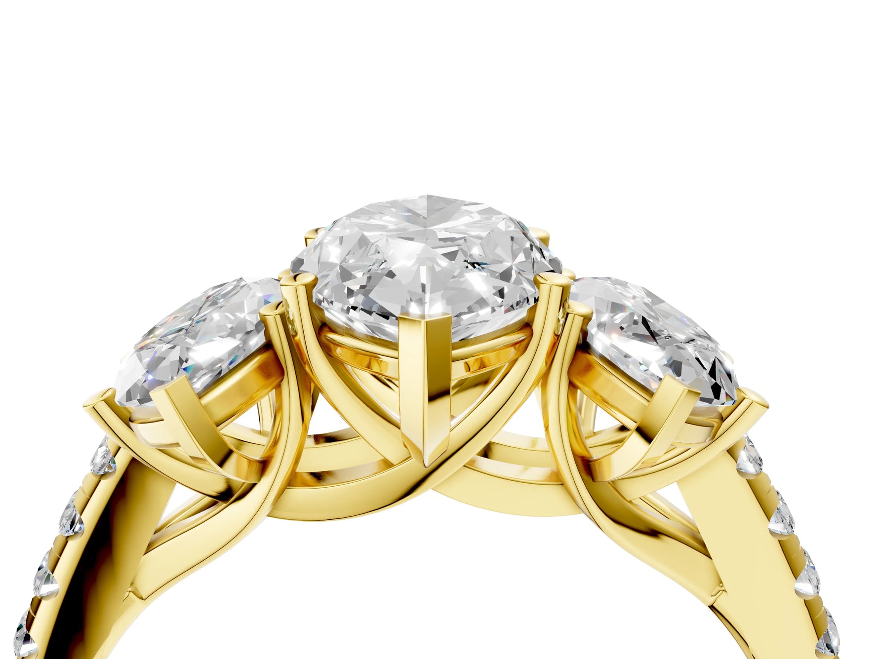 Marquise Cut Diamond Trellis Three-Stone Engagement Ring in Yellow gold with Round Side Stones_22