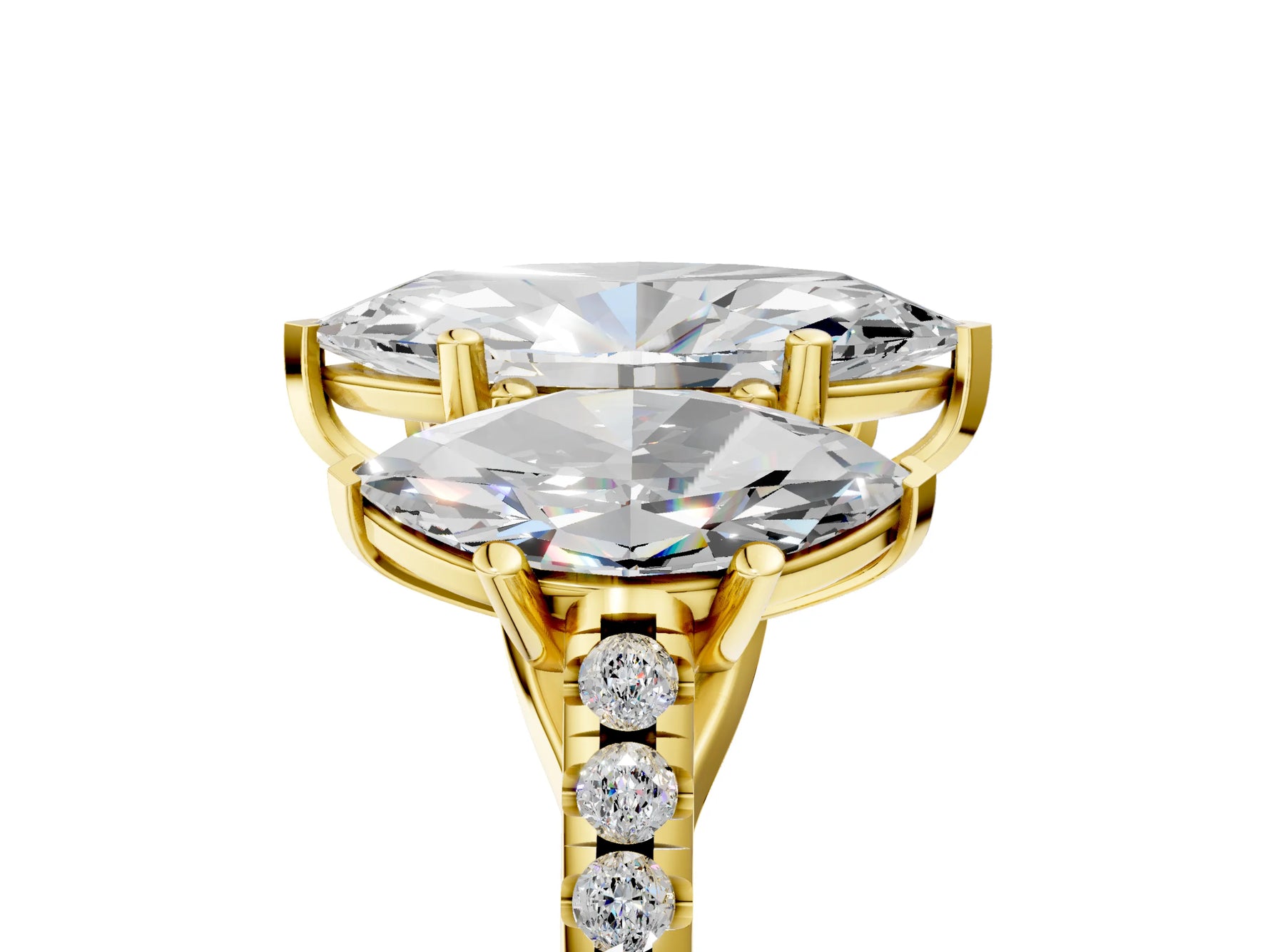 Marquise Cut Diamond Trellis Three-Stone Engagement Ring in Yellow gold with Round Side Stones_23