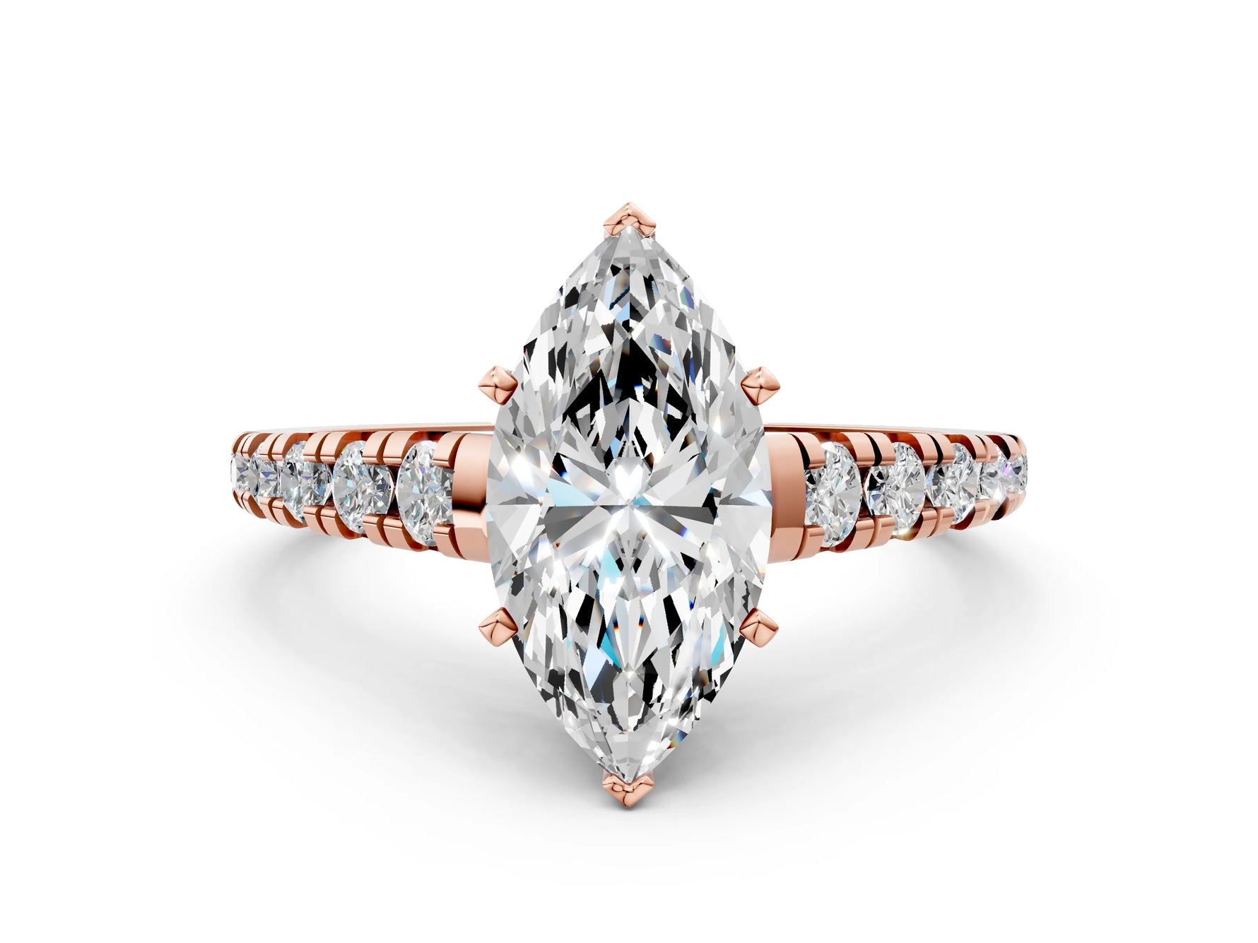 Marquise Cut Diamond Vintage Scroll Solitaire Ring in Rose gold with Graduated Round Side Stones_12