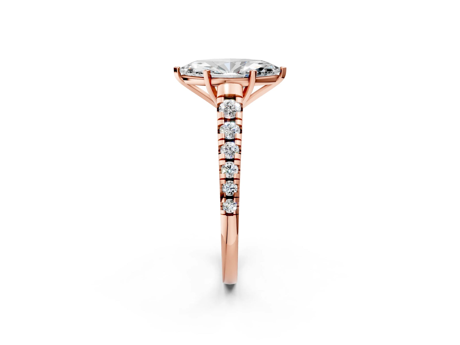 Marquise Cut Diamond Vintage Scroll Solitaire Ring in Rose gold with Graduated Round Side Stones_14