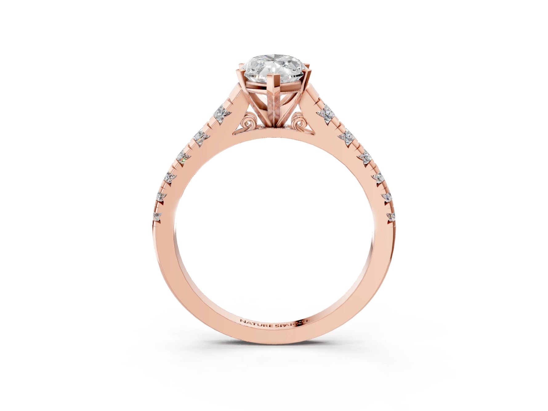 Marquise Cut Diamond Vintage Scroll Solitaire Ring in Rose gold with Graduated Round Side Stones_15