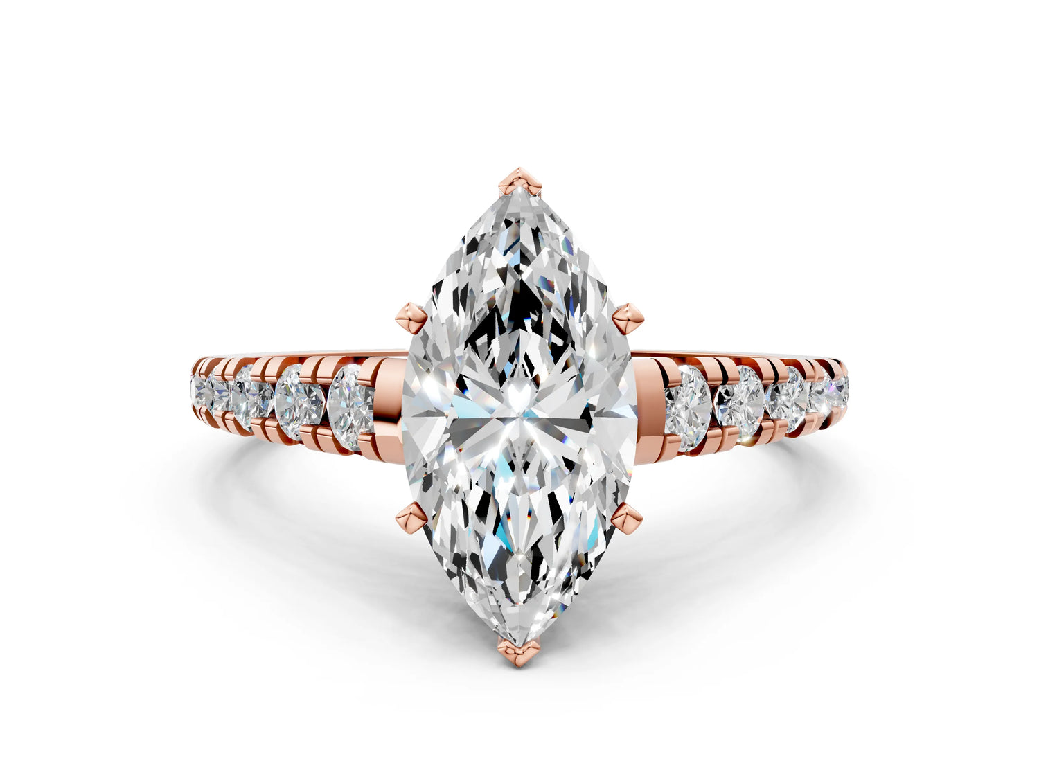 Marquise Cut Diamond Vintage Scroll Solitaire Ring in Rose gold with Graduated Round Side Stones_24