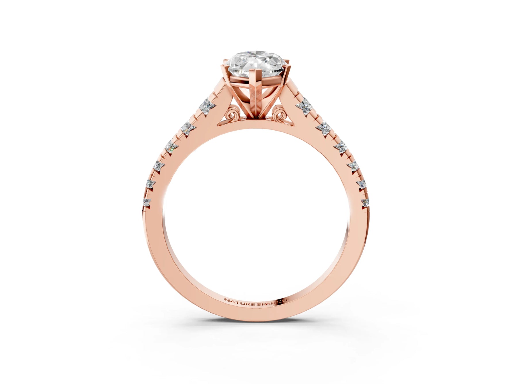 Marquise Cut Diamond Vintage Scroll Solitaire Ring in Rose gold with Graduated Round Side Stones_27