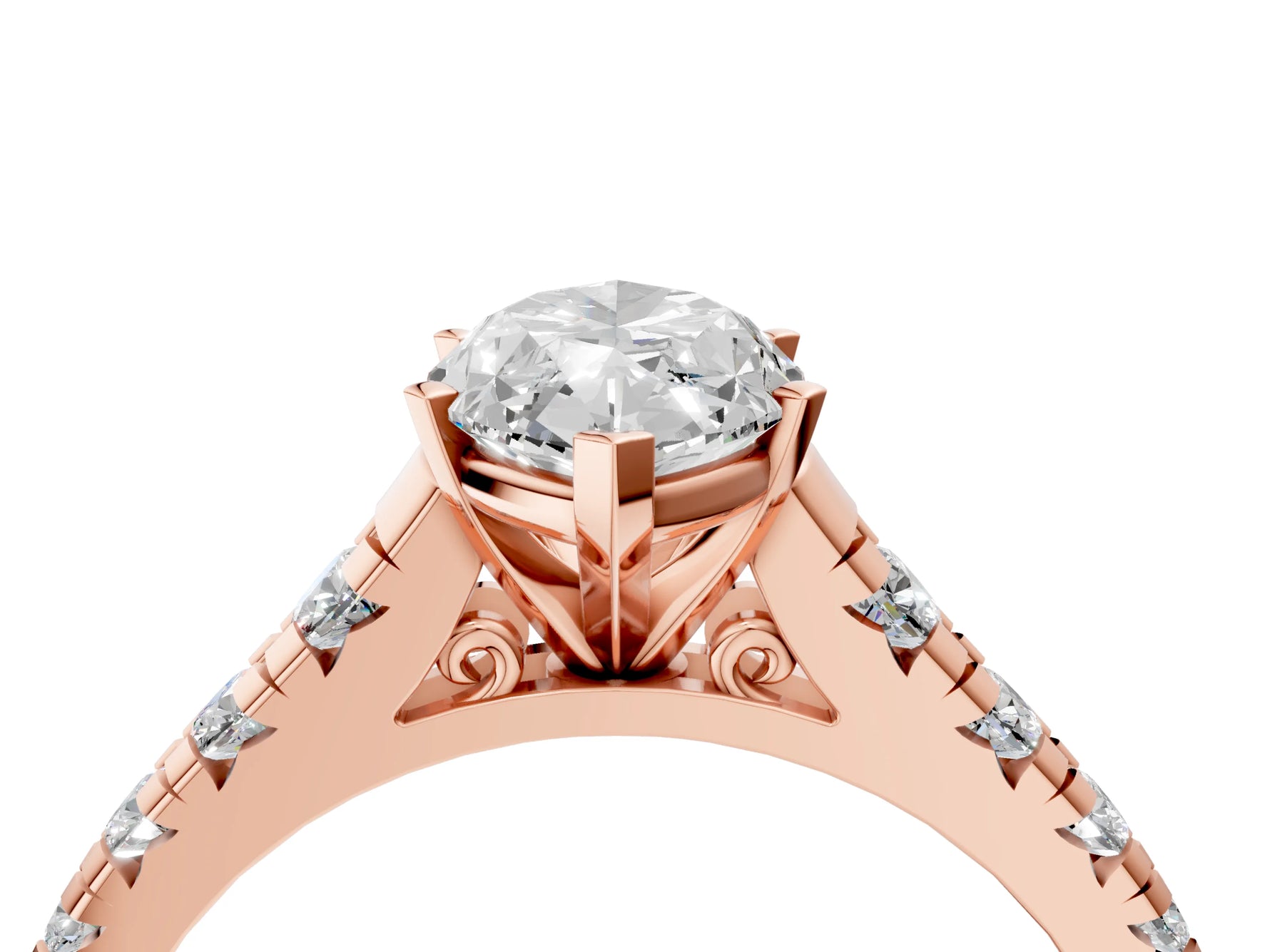 Marquise Cut Diamond Vintage Scroll Solitaire Ring in Rose gold with Graduated Round Side Stones_28