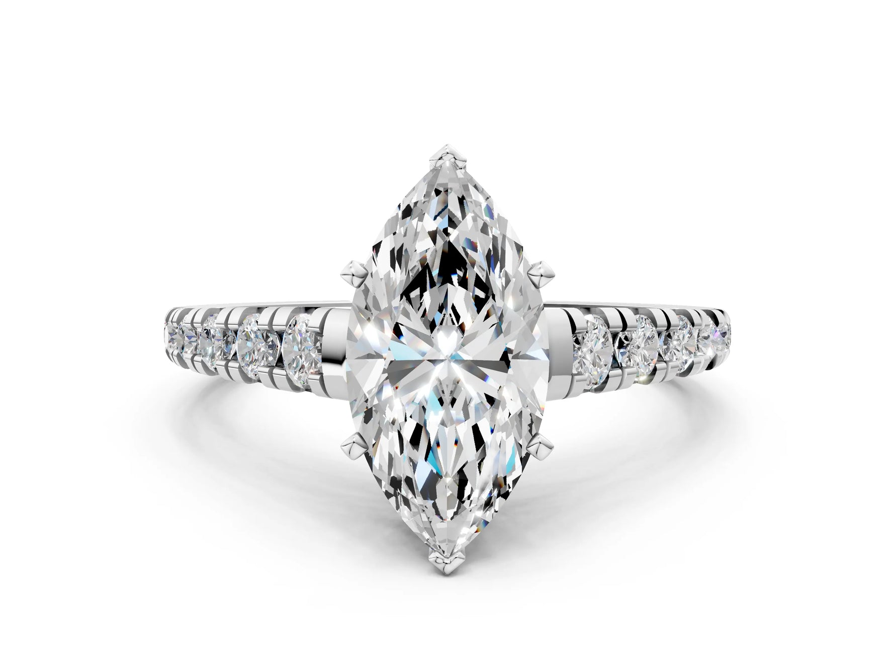Marquise Cut Diamond Vintage Scroll Solitaire Ring in White gold with Graduated Round Side Stones_18