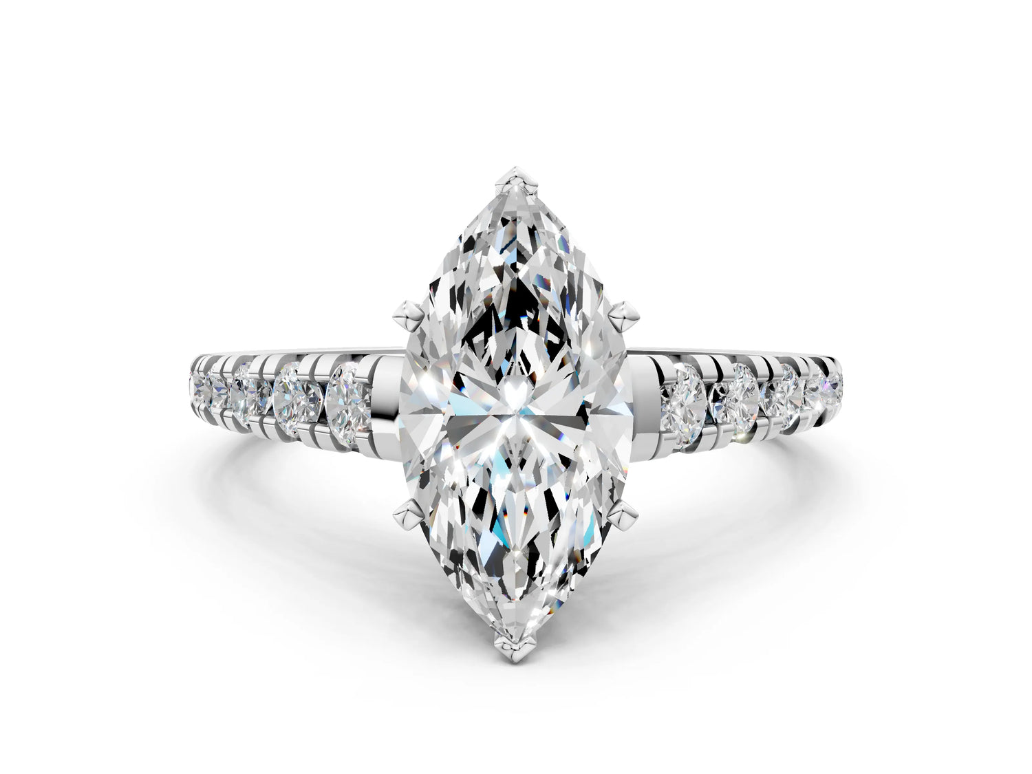 Marquise Cut Diamond Vintage Scroll Solitaire Ring in White gold with Graduated Round Side Stones_18