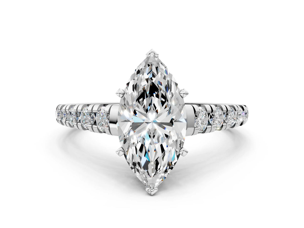 Marquise Cut Diamond Vintage Scroll Solitaire Ring in White gold with Graduated Round Side Stones_18