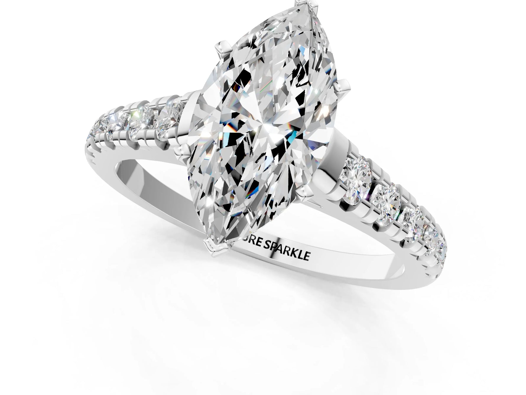 Marquise Cut Diamond Vintage Scroll Solitaire Ring in White gold with Graduated Round Side Stones_19