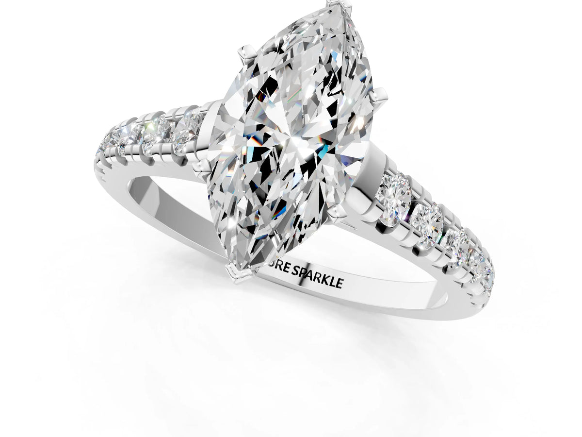 Marquise Cut Diamond Vintage Scroll Solitaire Ring in White gold with Graduated Round Side Stones_19