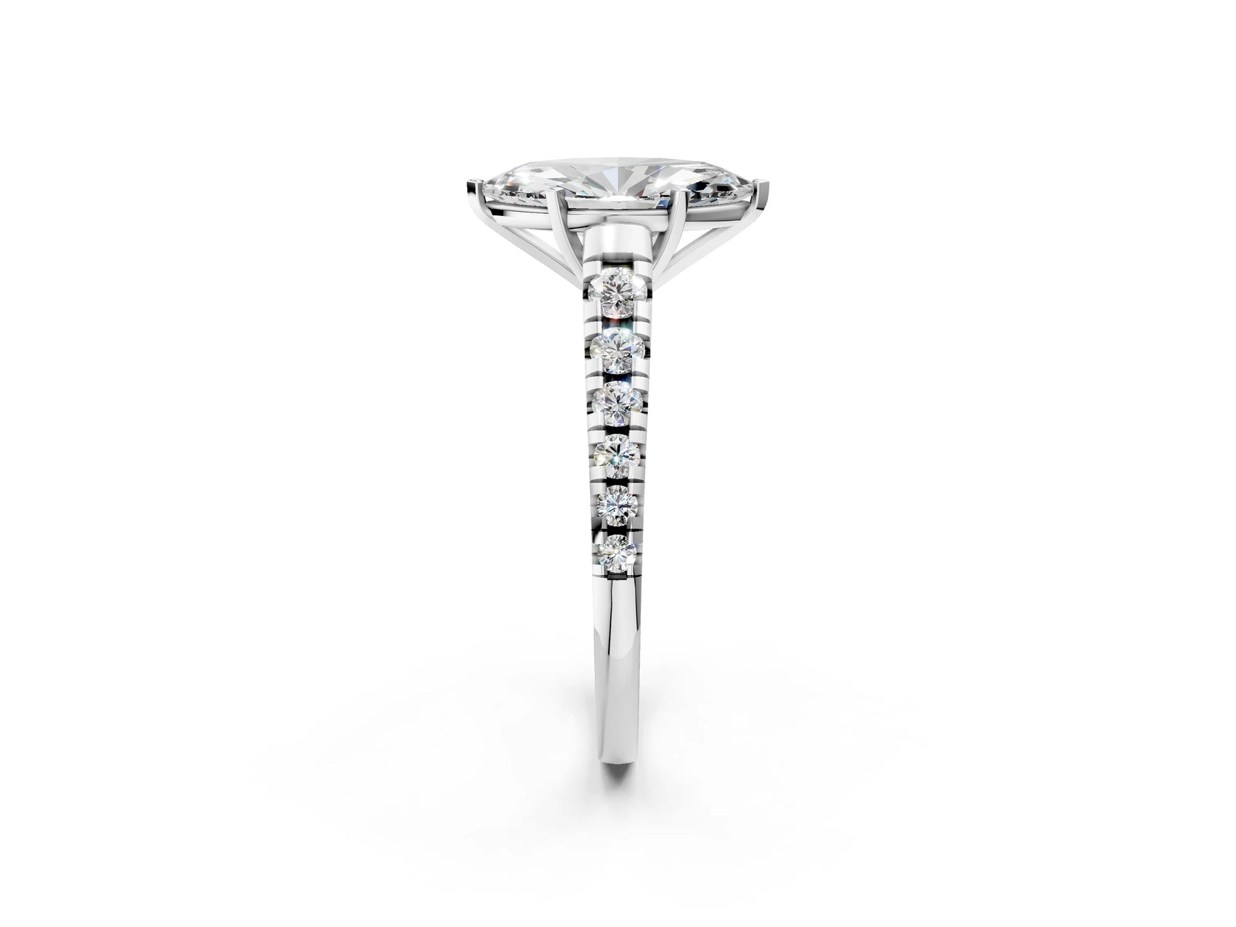 Marquise Cut Diamond Vintage Scroll Solitaire Ring in White gold with Graduated Round Side Stones_20