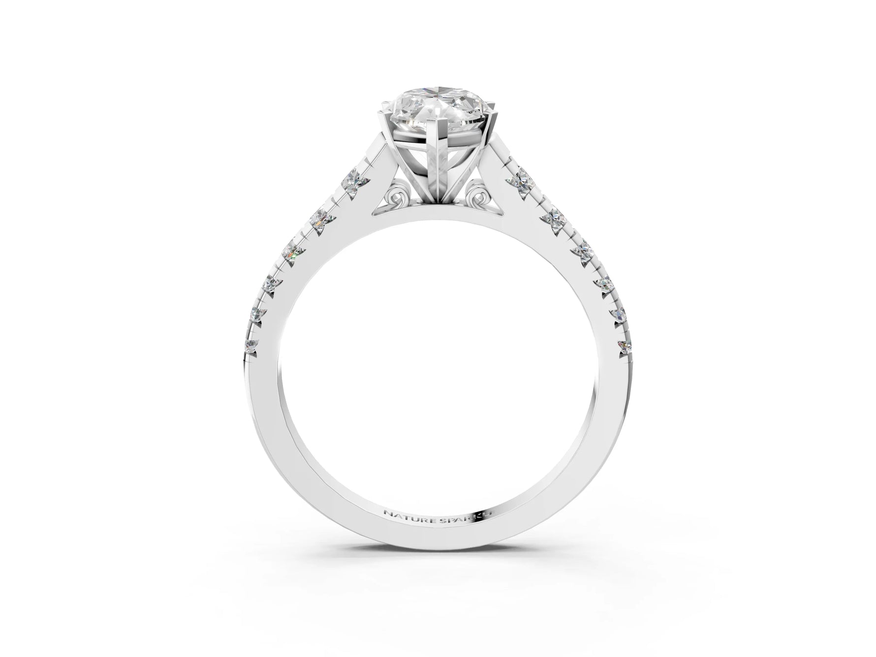Marquise Cut Diamond Vintage Scroll Solitaire Ring in White gold with Graduated Round Side Stones_21