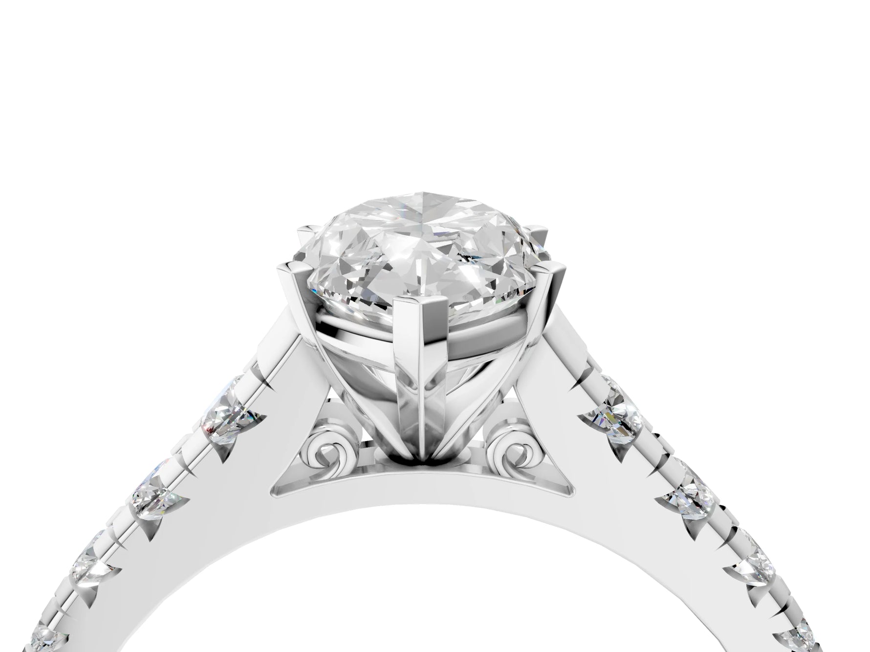 Marquise Cut Diamond Vintage Scroll Solitaire Ring in White gold with Graduated Round Side Stones_22