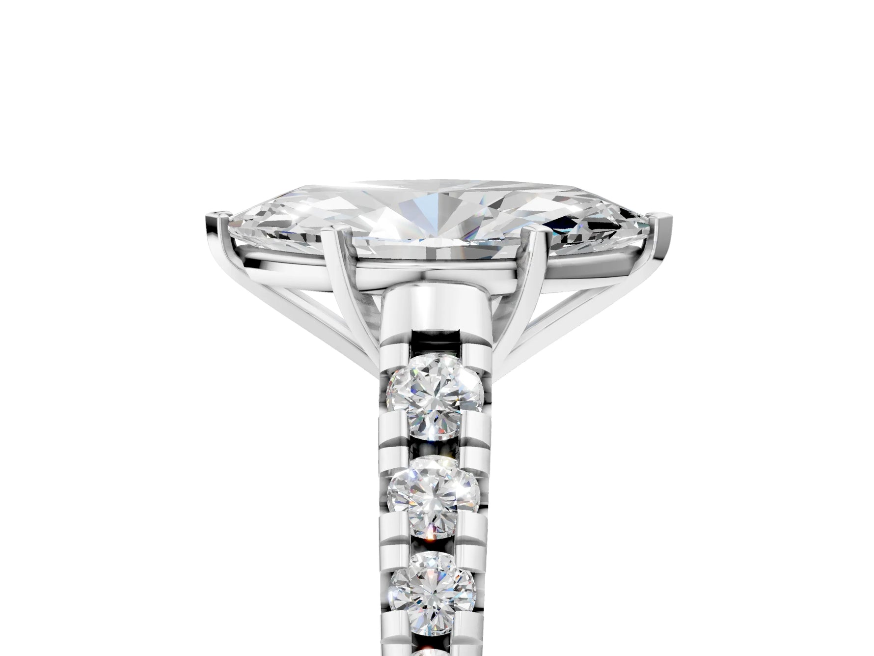 Marquise Cut Diamond Vintage Scroll Solitaire Ring in White gold with Graduated Round Side Stones_23
