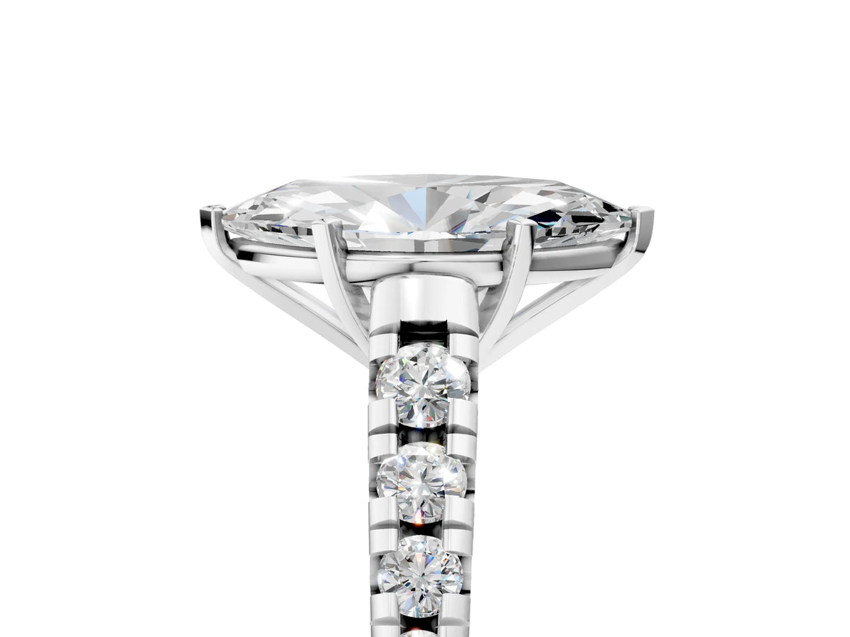Marquise Cut Diamond Vintage Scroll Solitaire Ring in White gold with Graduated Round Side Stones_23