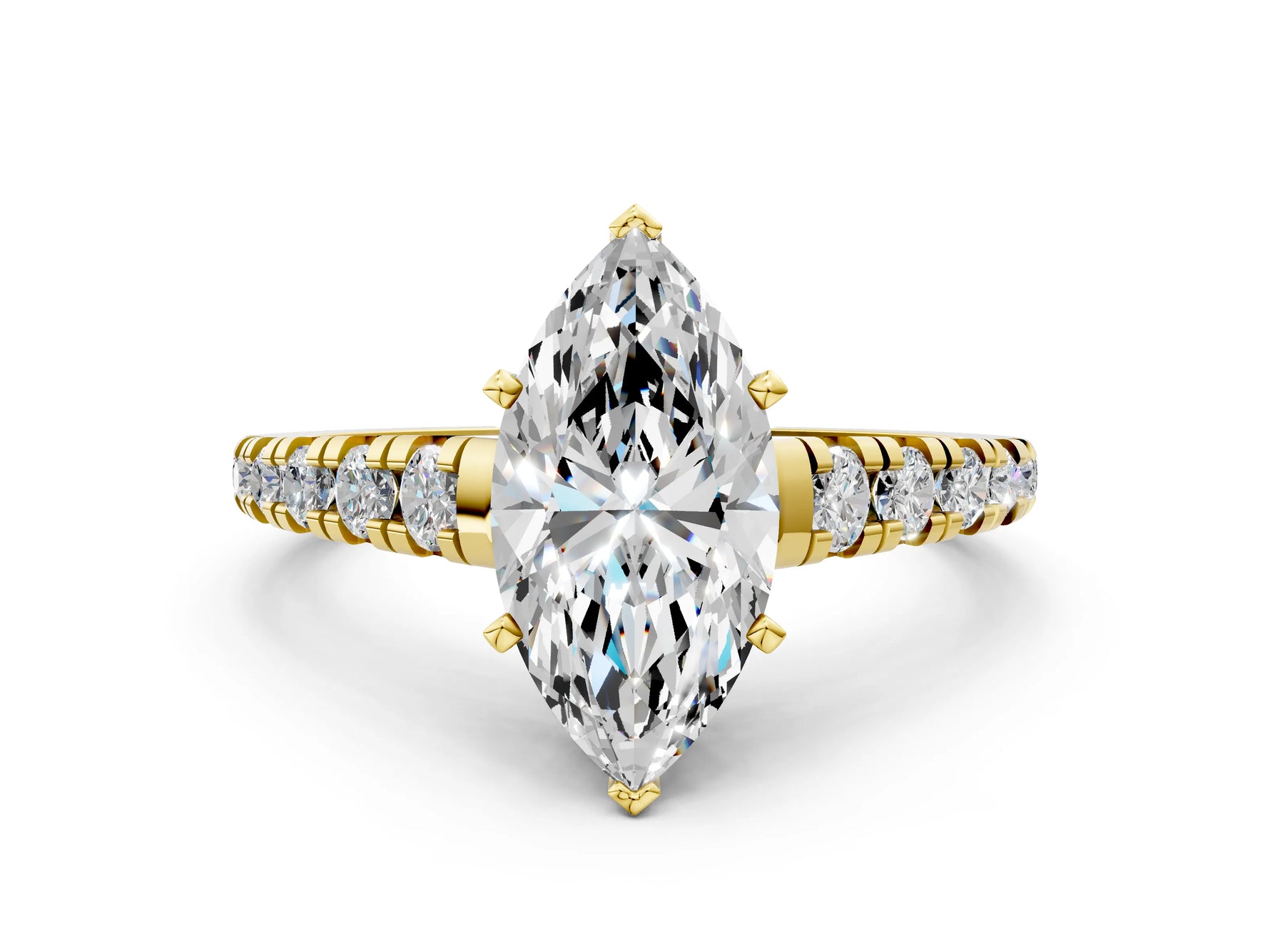 Marquise Cut Diamond Vintage Scroll Solitaire Ring in Yellow gold with Graduated Round Side Stones_12
