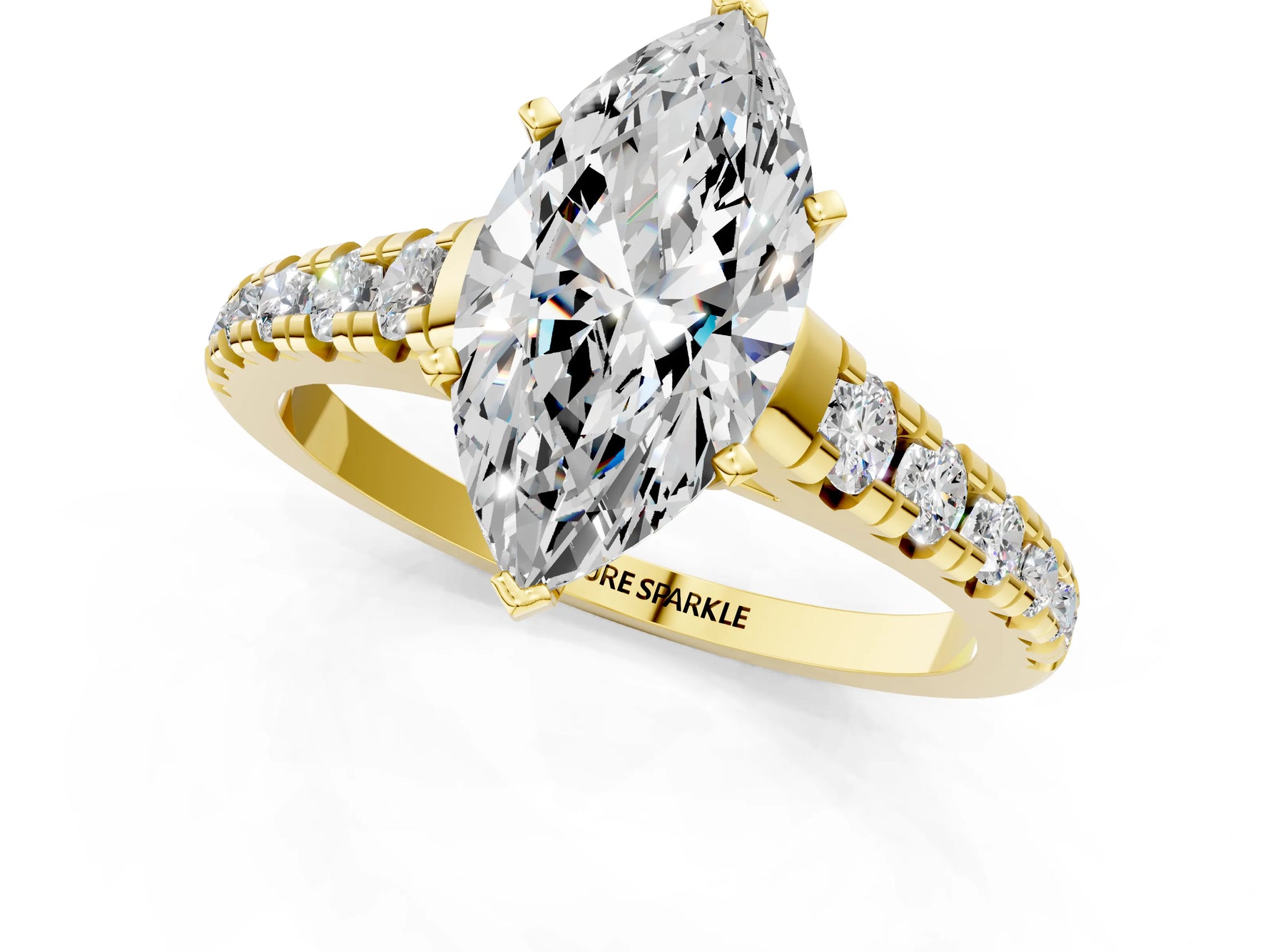 Marquise Cut Diamond Vintage Scroll Solitaire Ring in Yellow gold with Graduated Round Side Stones_13