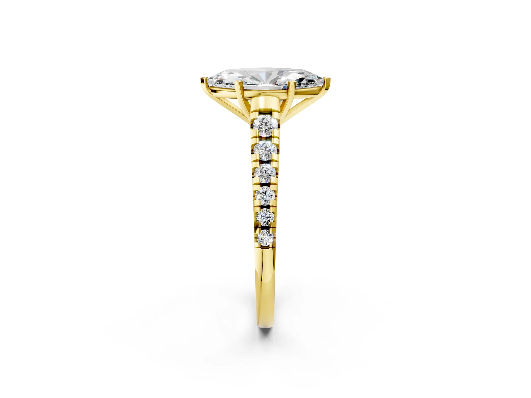 Marquise Cut Diamond Vintage Scroll Solitaire Ring in Yellow gold with Graduated Round Side Stones_14