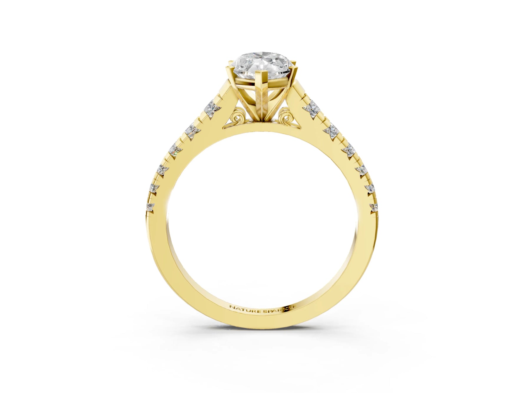 Marquise Cut Diamond Vintage Scroll Solitaire Ring in Yellow gold with Graduated Round Side Stones_15